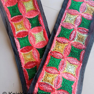 Black Fabric Trim With Green, Pink, Red And Yellow Square And Circle Pattern Thread Embroidery Trim